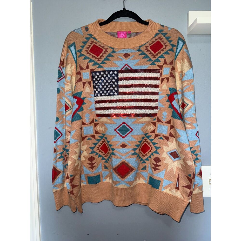 Queen of Sparkles USA Flag Aztec Print Beaded Knit Sweater | Size XS | Patriotic
